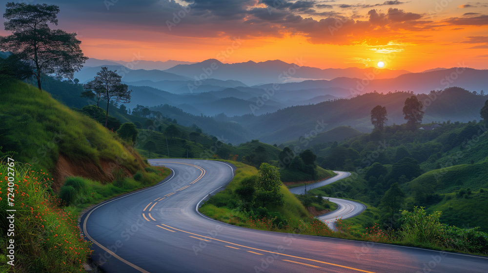 Winding mountain road at picturesque sunset