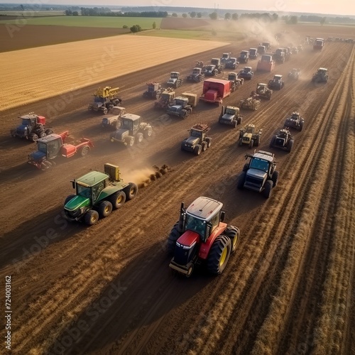 Drone view of a group of tractors and farm equipment moving through a cultivated field. Symbol of agricultural protest. Concept: farmer demonstrations, discussions of agricultural policy or documentar