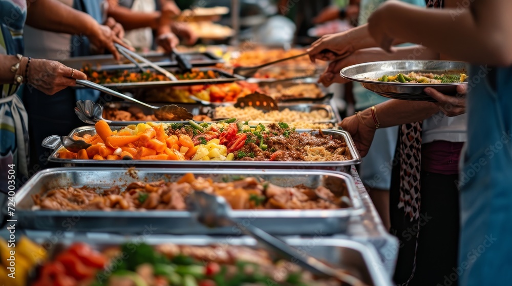 People serving various delicious dishes from a buffet spread at an event.