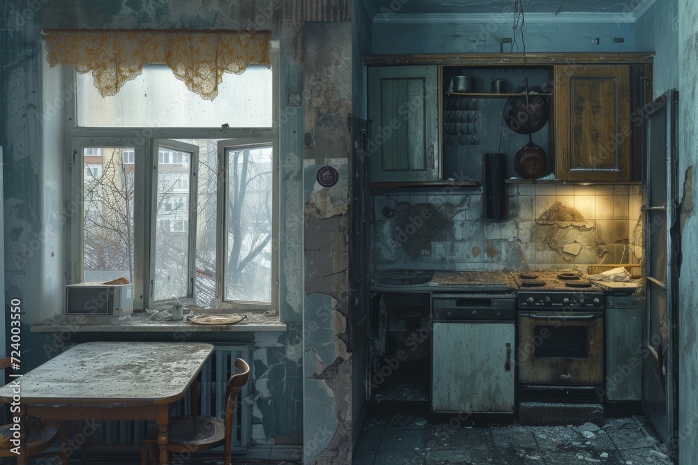 A deserted kitchen, filled with decaying cabinetry and dirty furniture, holds an abandoned stove and sink as a window overlooks the indoor exploration of an abandoned home