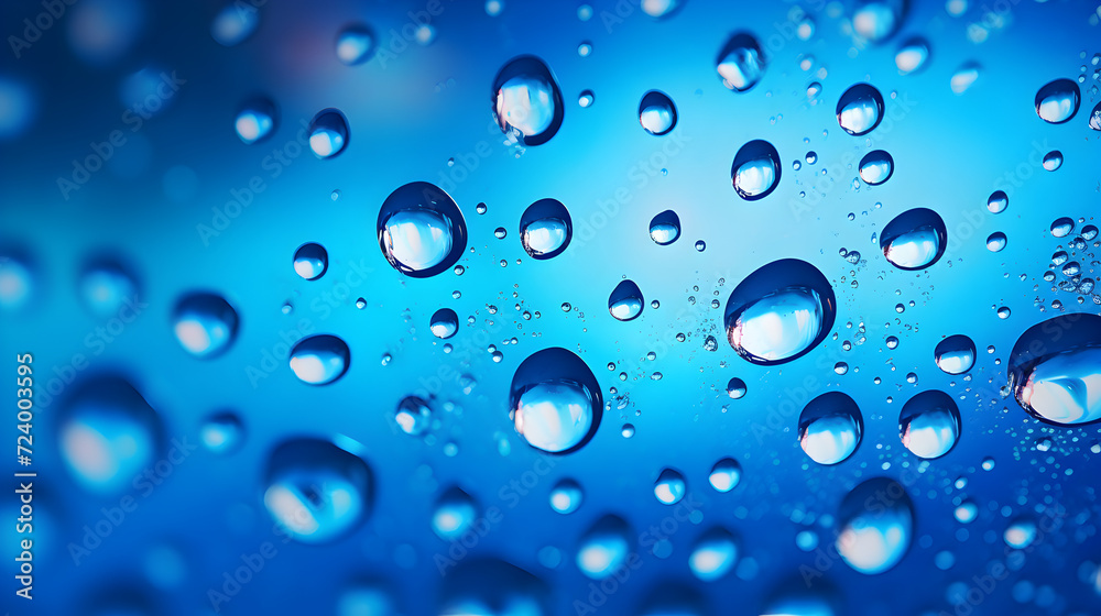 A blue background with water drops on it,,
Water drops on a deep blue background with gradation and highlight

