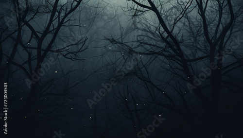 Halloween background. Spooky dark forest with cobwebs and spiders. 3d render