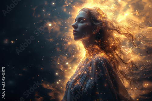 Woman's face aglow with stardust, eyes closed in cosmic tranquility