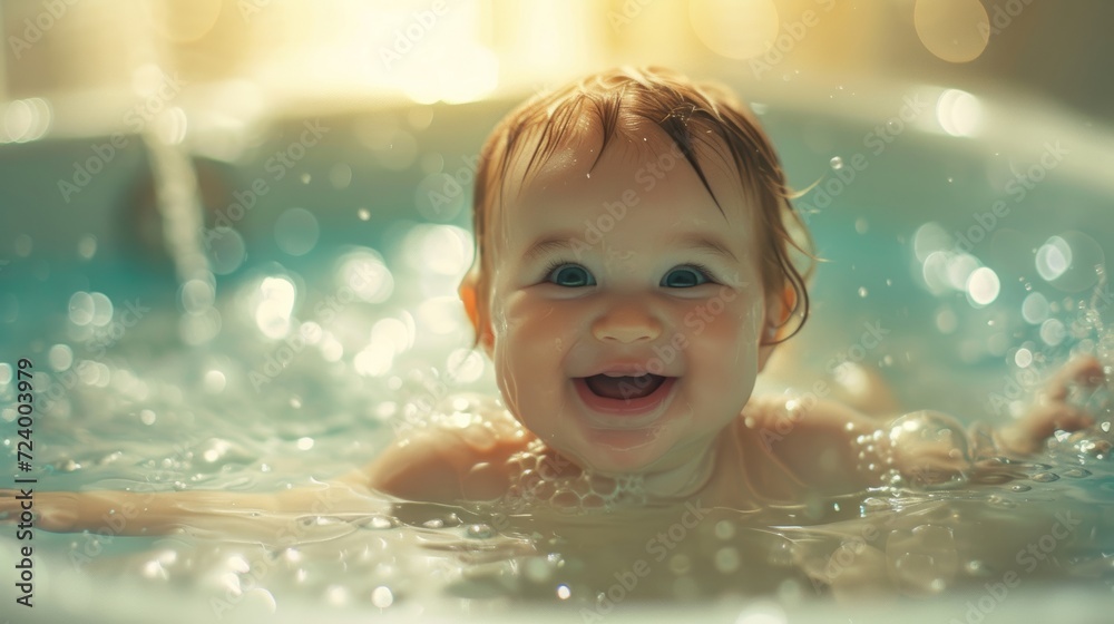 A curious toddler splashes in a bubble-filled bathtub, their rosy cheeks and gleeful expression mirroring the tranquil water around them