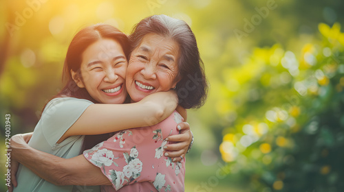 Happy asian mother and daughter hugging each other outdoor during spring time - Mother's day and family love concept - Model by AI generative photo
