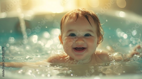 A curious toddler splashes in a bubble-filled bathtub, their rosy cheeks and gleeful expression mirroring the tranquil water around them © Radomir Jovanovic