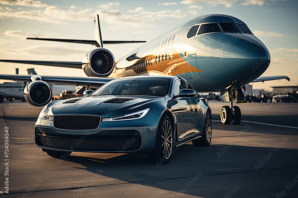 Car and private jet on landing strip. Business class service at the airport. Business class transfer. Airport shuttle Car and private jet on landing strip. Business class service at the airport. Business class transfer. Airport shuttle