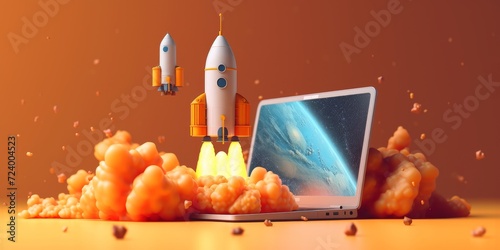 Rocket Launch from Laptop Concept on Orange Background.