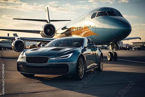 Car and private jet on landing strip. Business class service at the airport. Business class transfer. Airport shuttle photo