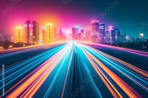A bustling metropolis illuminated by the glowing lights of towering skyscrapers and bustling city streets  creating a dynamic and vibrant cityscape