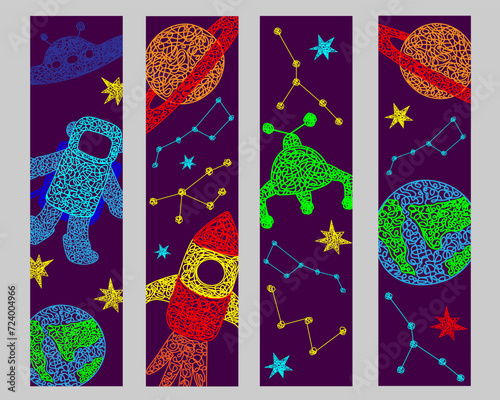 Set bookmarks with hand drawn stars, flying sauer, planet, mars rover, rocket, earth planet,constellations on purple background in childrens naive style.