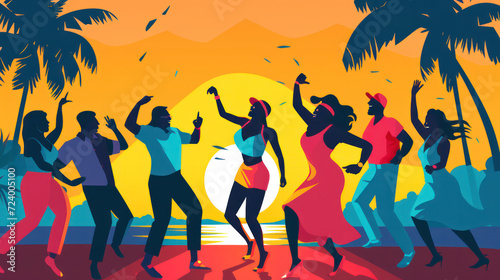 Joyful Beach Party Celebration: Young friends dancing and having fun together in a vibrant silhouette disco, surrounded by a lively crowd, engulfed in the happiness of a summer holiday. Illustration