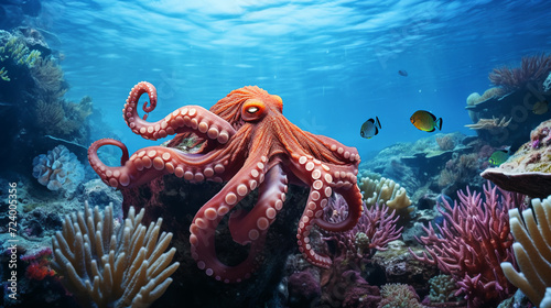 Octopus in the Red Sea. Underwater world. A magnificent octopus masterfully changes the color of its body disguises itself under the environment of an underwater rocky landscape close-up © Nadezhda