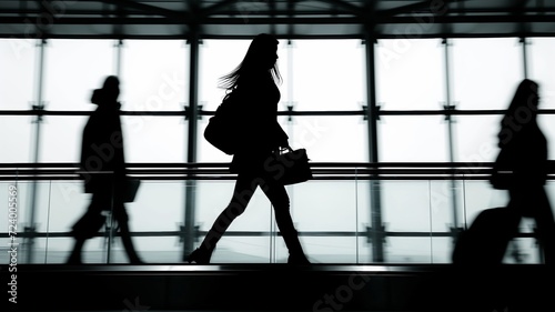Silhouetted Travelers Walking in Modern Airport Terminal, Illuminated Glass Structure Background