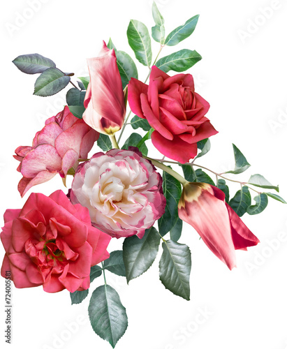 Red roses and tulips isolated on a transparent background. Png file.  Floral arrangement, bouquet of garden flowers. Can be used for invitations, greeting, wedding card.