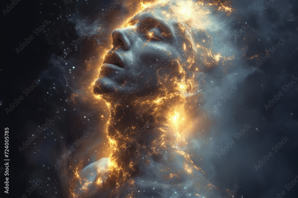 A cosmic entity's profile with a fiery nebula emanating from her being A cosmic entity's profile with a fiery nebula emanating from her being