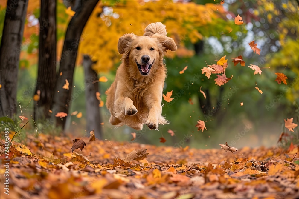 Dog, golden retriever jumping through autumn leaves Dog, golden retriever jumping through autumn leaves