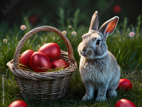 easter bunny and wicker basket with dyed eggs in spring nature landscape photo