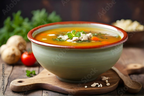 Fresh delicious homemade soup on wood table