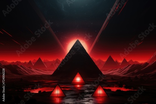 A triangular object with three red lights positioned in the middle against a dark background.