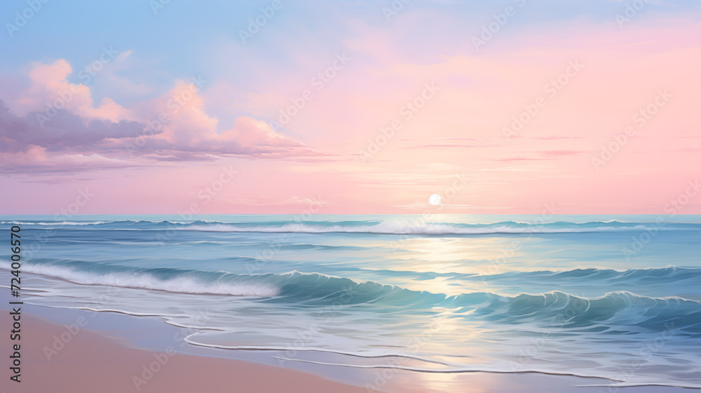 gently pink beach and blue sea at dawn.