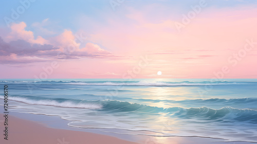 gently pink beach and blue sea at dawn. © Alex
