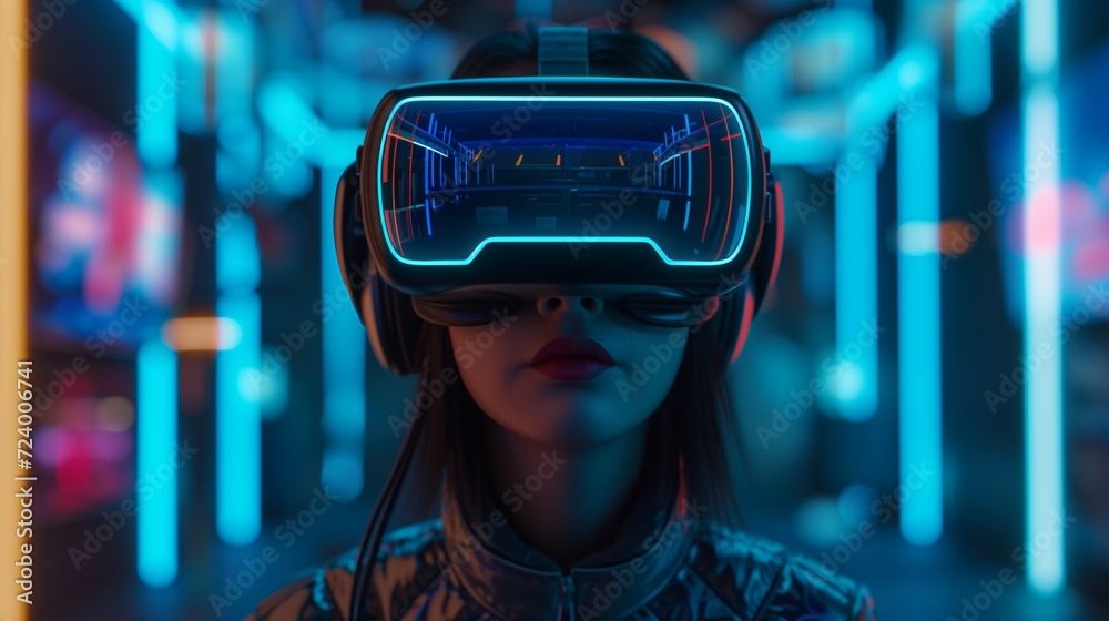 Young woman engrossed in a virtual reality simulation, surrounded by neon lights and futuristic ambiance Young woman engrossed in a virtual reality simulation, surrounded by neon lights and futuristic ambiance