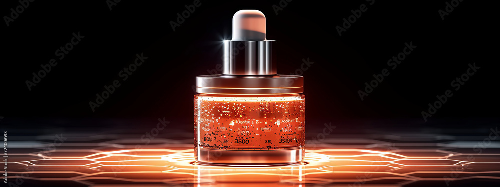 Naklejka premium Iridescent Elixir: Captivating Close-Up of a Gossamer Liquid Bottle on a Rustic Table