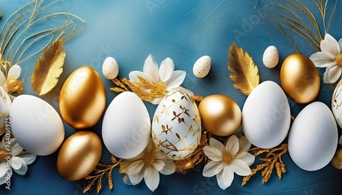 white and gold Easter eggs on a blue background