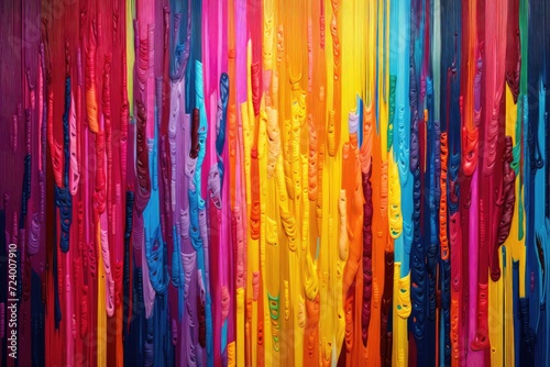 A painting showcasing an array of multicolored lines of paint  creating a visually striking and dynamic composition.