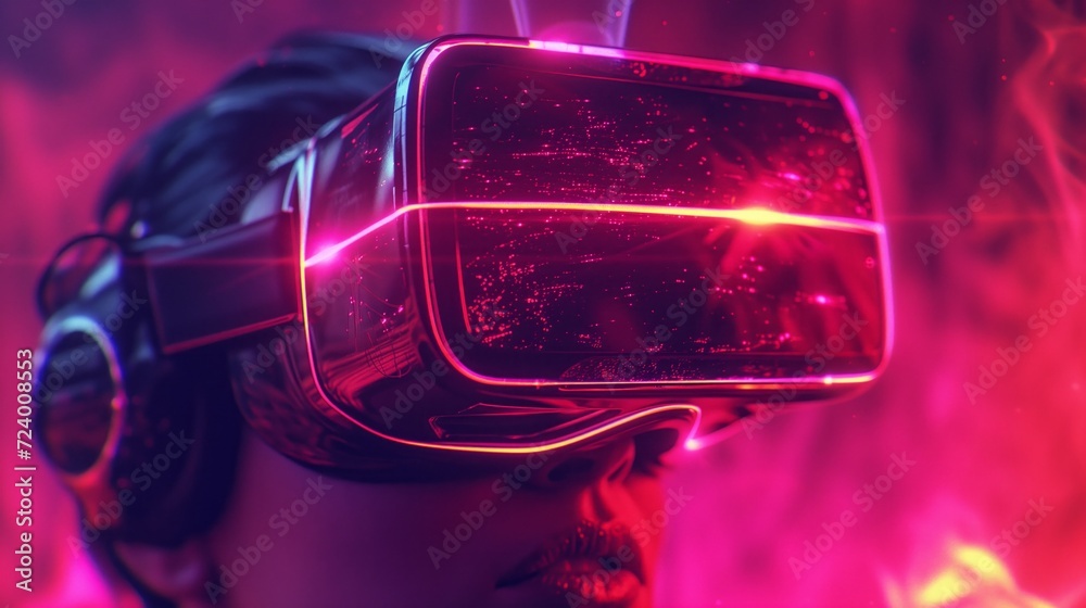 Person immersed in virtual reality with a neon-lit VR headset, surrounded by digital particles against a vibrant pink backdrop. The scene exudes a futuristic, cyberpunk ambiance Person immersed in virtual reality with a neon-lit VR headset, surrounded by digital particles against a vibrant pink backdrop. The scene exudes a futuristic, cyberpunk ambiance