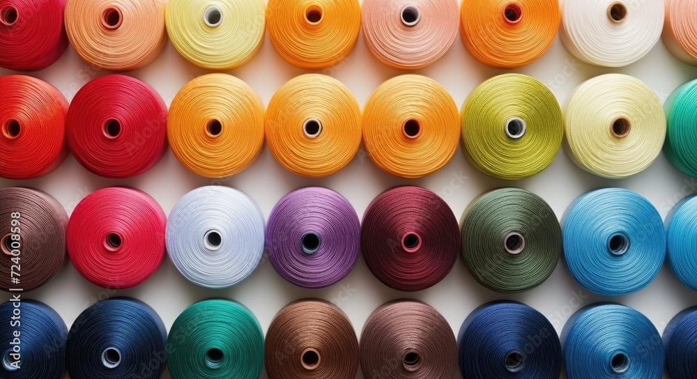 A collection of various spools of thread, featuring vibrant colors and neatly arranged next to each other. A collection of various spools of thread, featuring vibrant colors and neatly arranged next to each other.