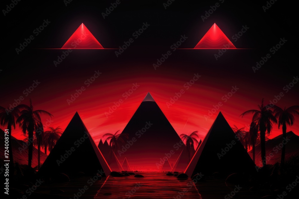 A vibrant red background featuring a striking scene of pyramids and palm trees.