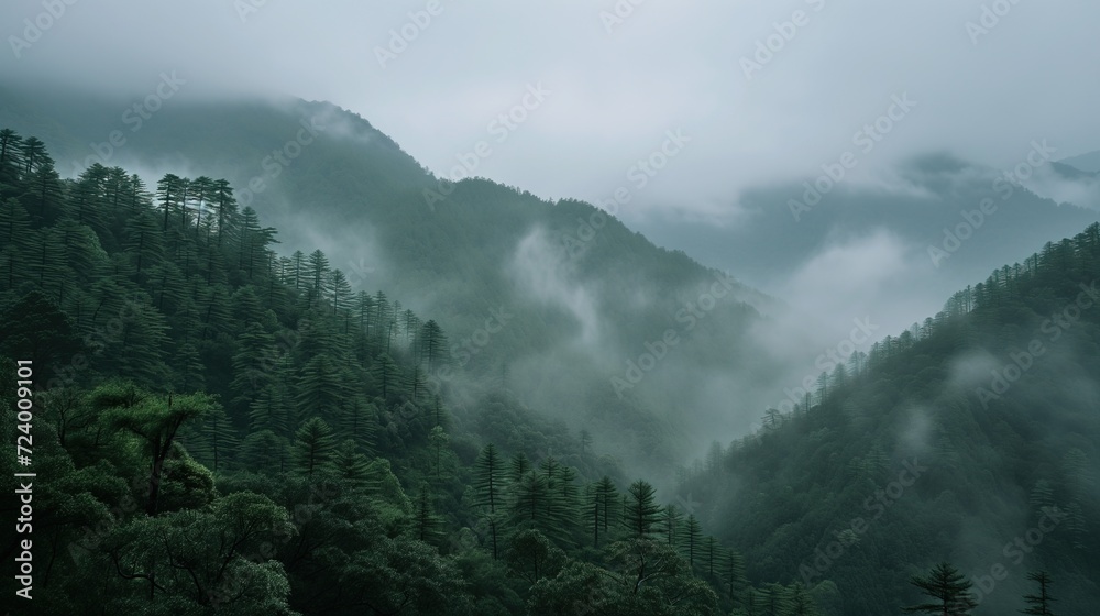 Misty morning in the mountains with green asian trees, wallpaper background  