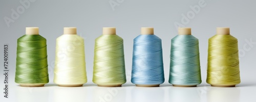 A row of various colored spools of thread neatly lined up on a shelf. photo