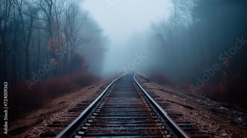 Railway tracks through empty forest in fog into the distance, autumn scene, perspective shot