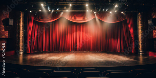 Velvet Drama: A Captivating Theatrical Performance on a Classical Red Stage with Spotlight and Empty Auditorium