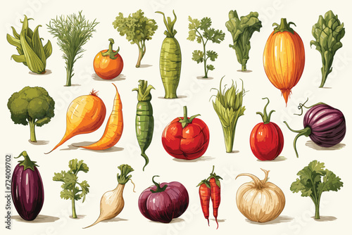 Farm vegetables isolated vector sketch. Cauliflower and radish, onion and garlic, kohlrabi cabbage, pumpkin, pea, chili and bell pepper, corn and carrot, beet and eggplant, tomato and pattypan squash photo