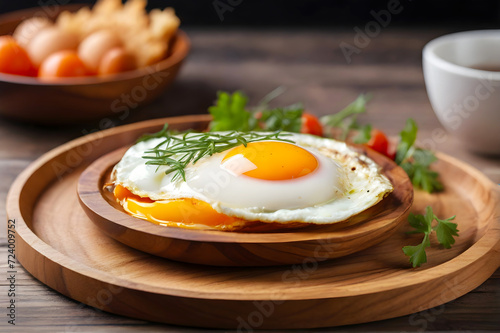 View of delicious fried egg dish on a wooden plate for healthy breakfast