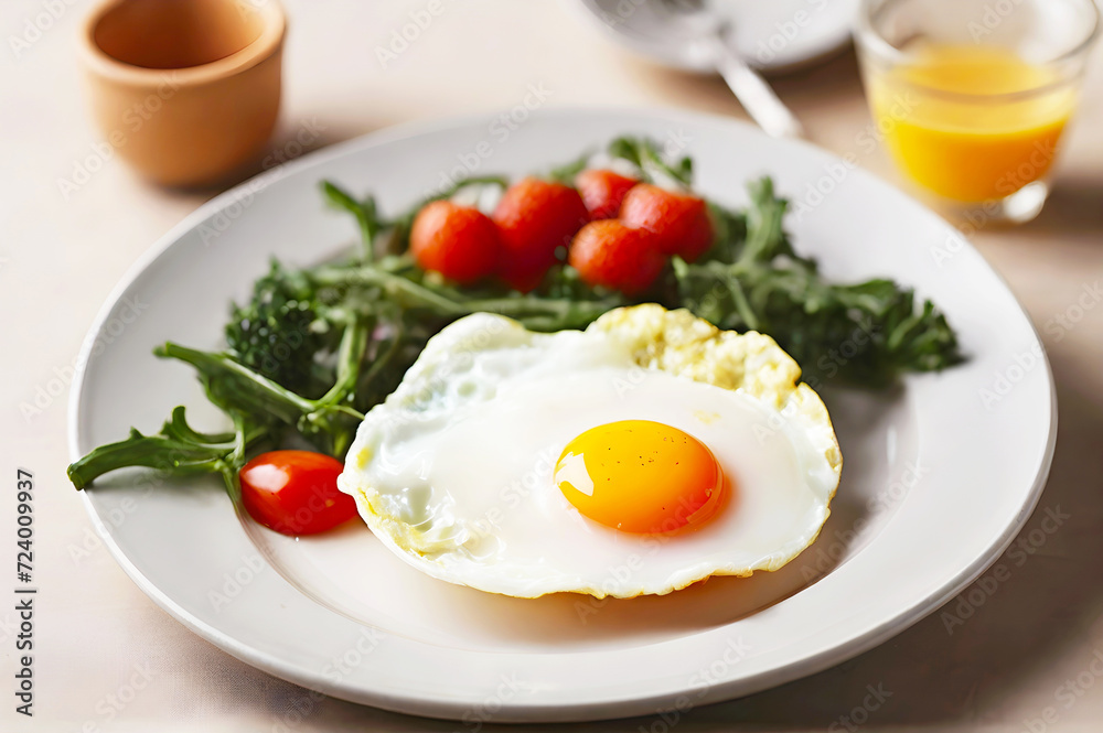 View of delicious fried egg dish on a wooden plate for healthy breakfast View of delicious fried egg dish on a wooden plate for healthy breakfast