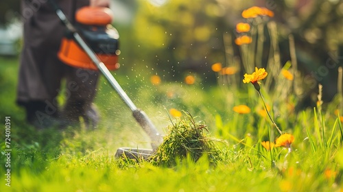 Gardener mowing grass photo