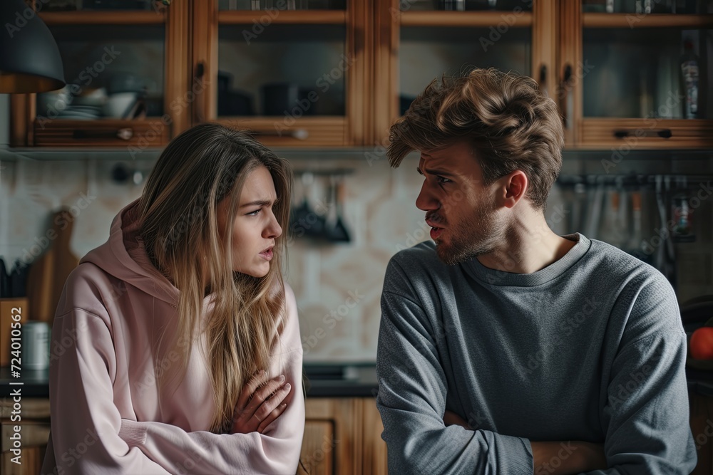 Emotional stressed young couple having argument at home.