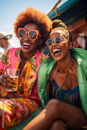 Group of african women in traditional clothes having fun on the boat.