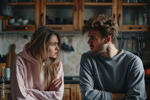 Emotional stressed young couple having argument at home.
