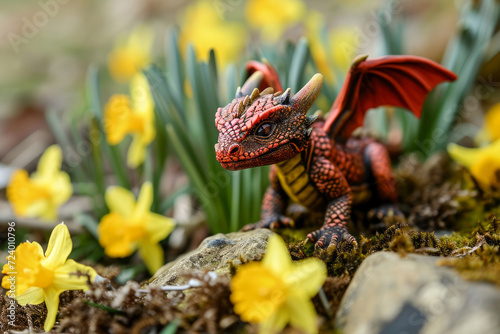 Saint David's Day Holiday celebration in Wales greeting card with a cute Red Welsh dragon in yellow daffodil flowers, space for text photo