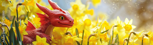 Saint Davids Day Holiday celebration in Wales, United Kingdom. Red Welsh dragon in yellow daffodil flowers illustration, banner with Spring banner with copy space for text photo