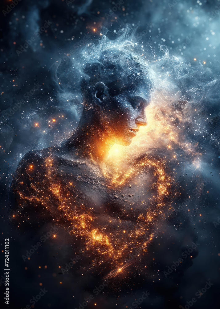 A thoughtful figure silhouetted against a tapestry of cosmic fire and stars