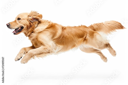Golden Retriever dog running and jumping isolated on white background