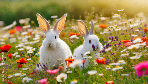 Two cute, white rabbits, in a green spring flower meadow