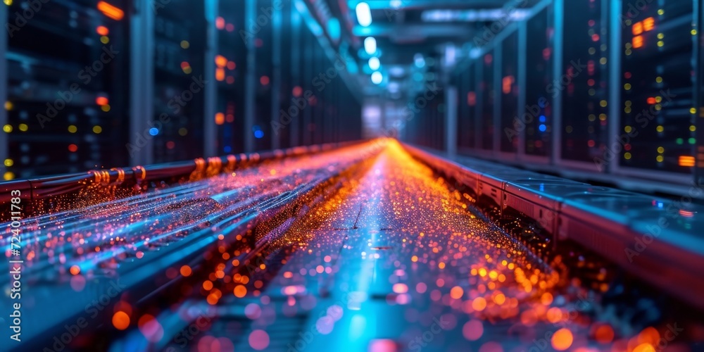 Obraz premium High-Speed Data Transmission in Network Server Room.